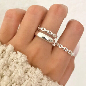 925 Sterling Silver Chain Link Ring Double Layer Stacking Ring Minimalist Ring